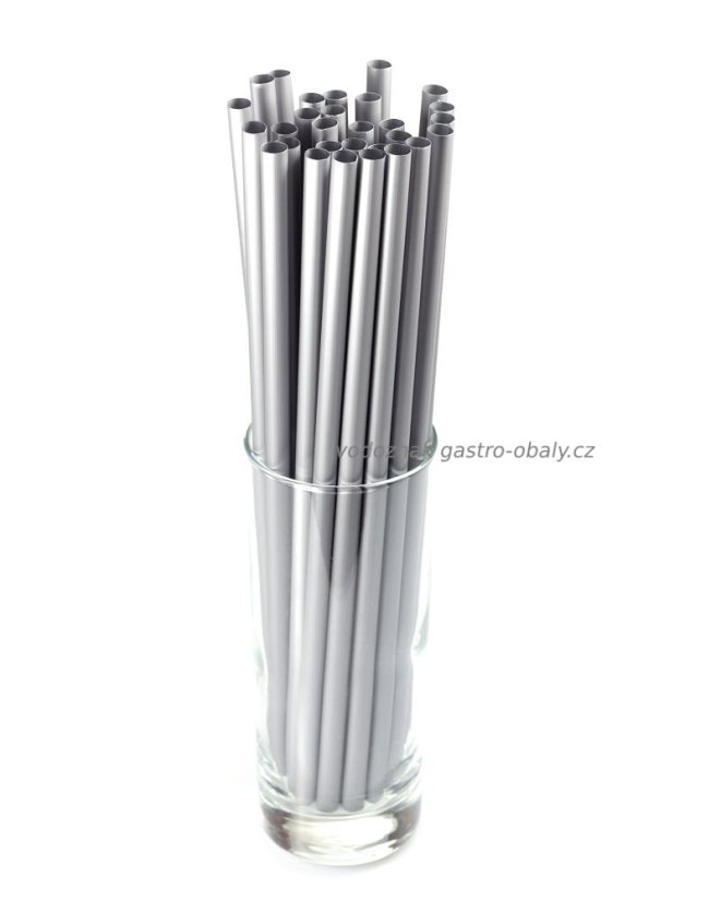 Znovupoužitelné plastové brčko JUMBO stříbrné 25cm 8mm (150ks)