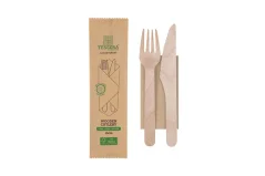 Hygienicky balený set dřevěných příborů vidlička, nůž 160mm, ubrousek (500ks)