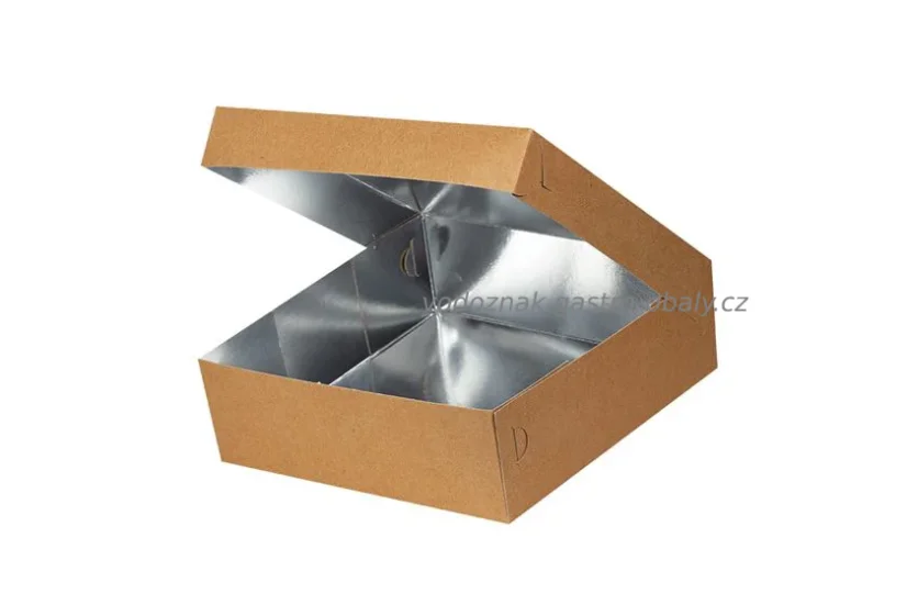 Hnědá papírová krabice s aluminiem/hliníkem na dort, chlebíčky 35x35x10cm (44ks)