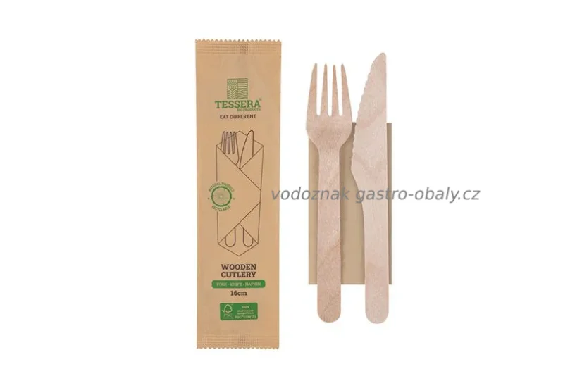 Hygienicky balený set dřevěných příborů vidlička, nůž 160mm, ubrousek (500ks) Hygienicky balený set dřevěných příborů vidlička, nůž 160mm, ubrousek (500ks)